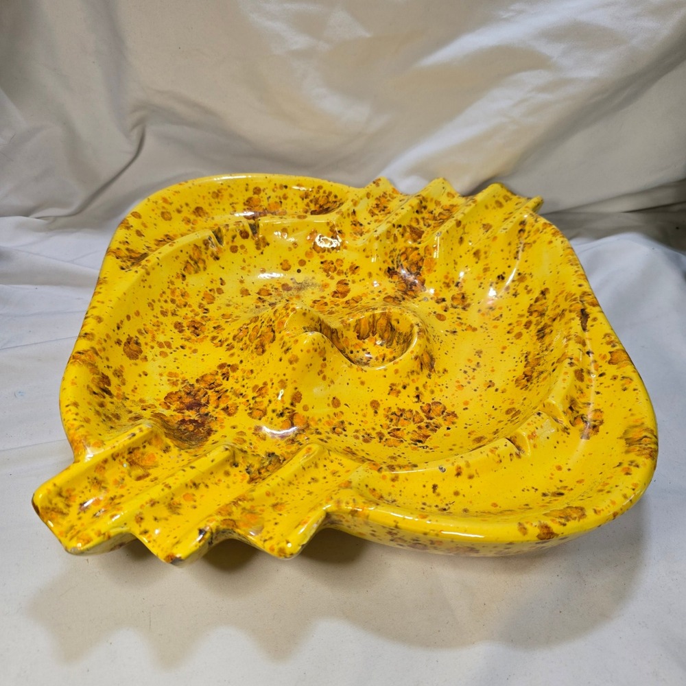 Vintage MCM Yellow Splatter Glaze Ceramic Ashtray Large Square Speckled Pottery